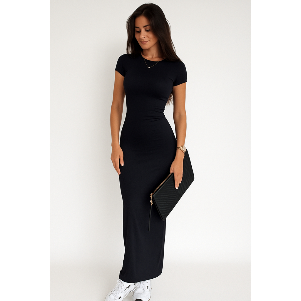 Vestido Manga Curta Longo Liso Gola Redonda Casual Elegante Luxo Premium