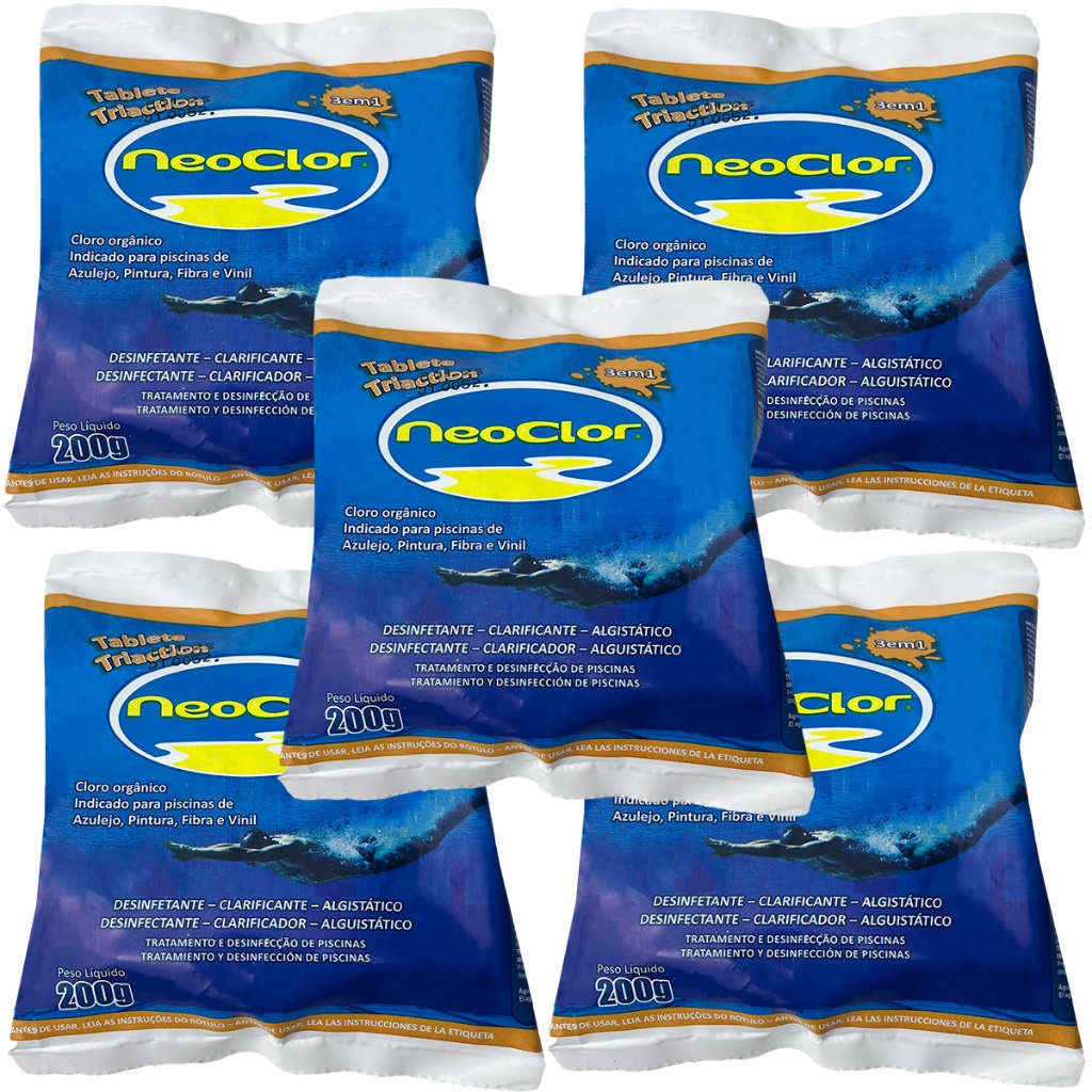 Kit 5 Unidades Pastilhas De Cloro Clarificante Para Limpeza Piscina Multifunção 5 Em 1 200g Neoclor em Oferta na Shopee