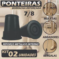 Kit 2 Ponteira Pé De Borracha 7/8 22mm Para Muleta Bengala Andador e Auxiliar