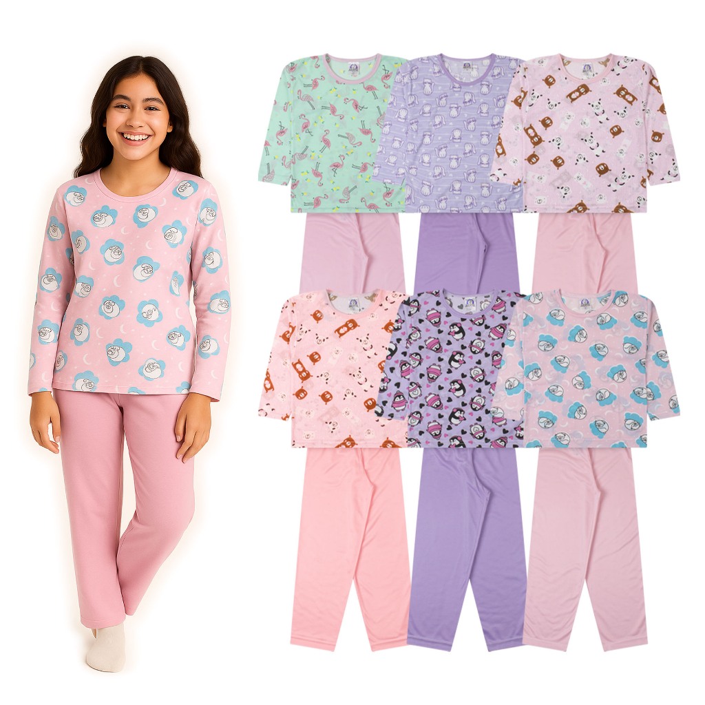 Kit 4 Peças Pijama Estampado Conjunto Infantil Menina 2 Blusas+2 Calças 100% Poliéster Tam 10ao16 SORTIDO