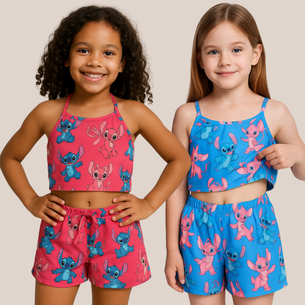 Conjunto Cropped + Short Roupa Infantil Stitch Kit Feminino Rosa – Menina Luxo Qualidade