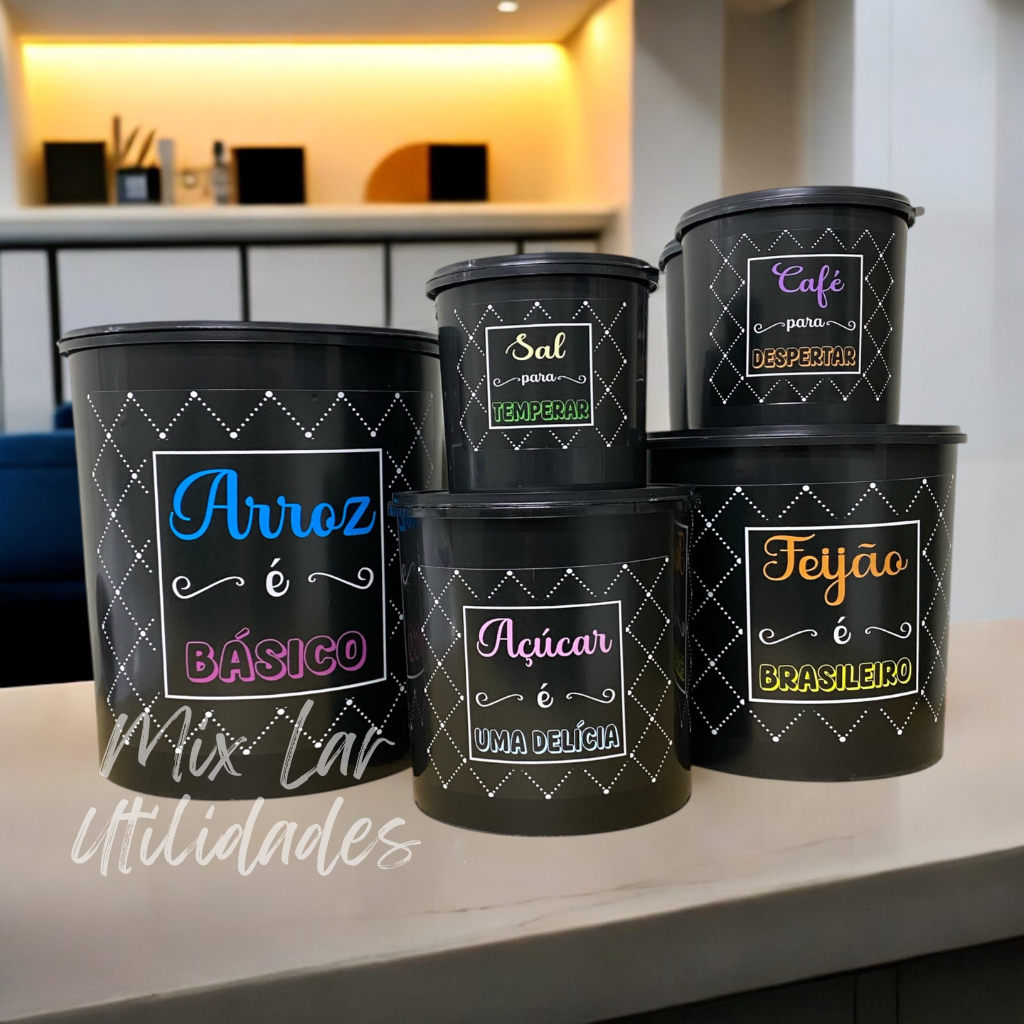 Kit com 5 potes porta mantimentos de plástico para cozinha