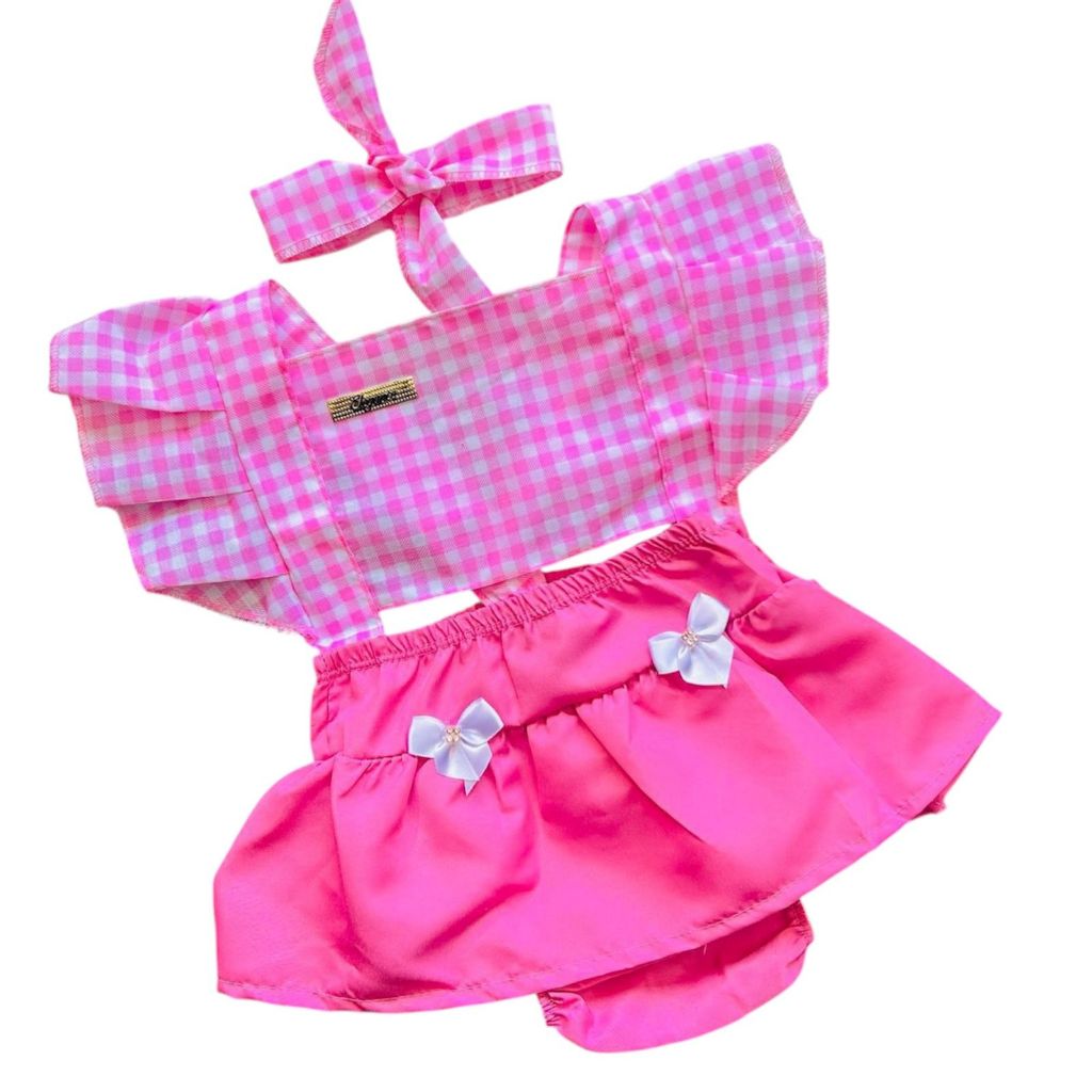 Jardineira Xadrez Romper Body Bebê Menina Festa Vestido Infantil Mesversario Temático Festa Junina São João Arraial Laço