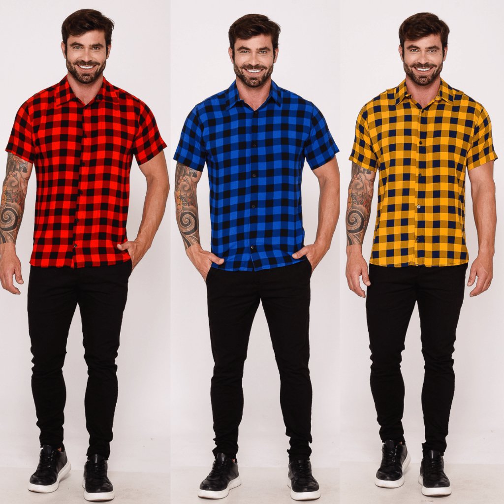 Camisa Masculina Manga Curta Social Viscose Festa Junina Quadriculada P ao GG
