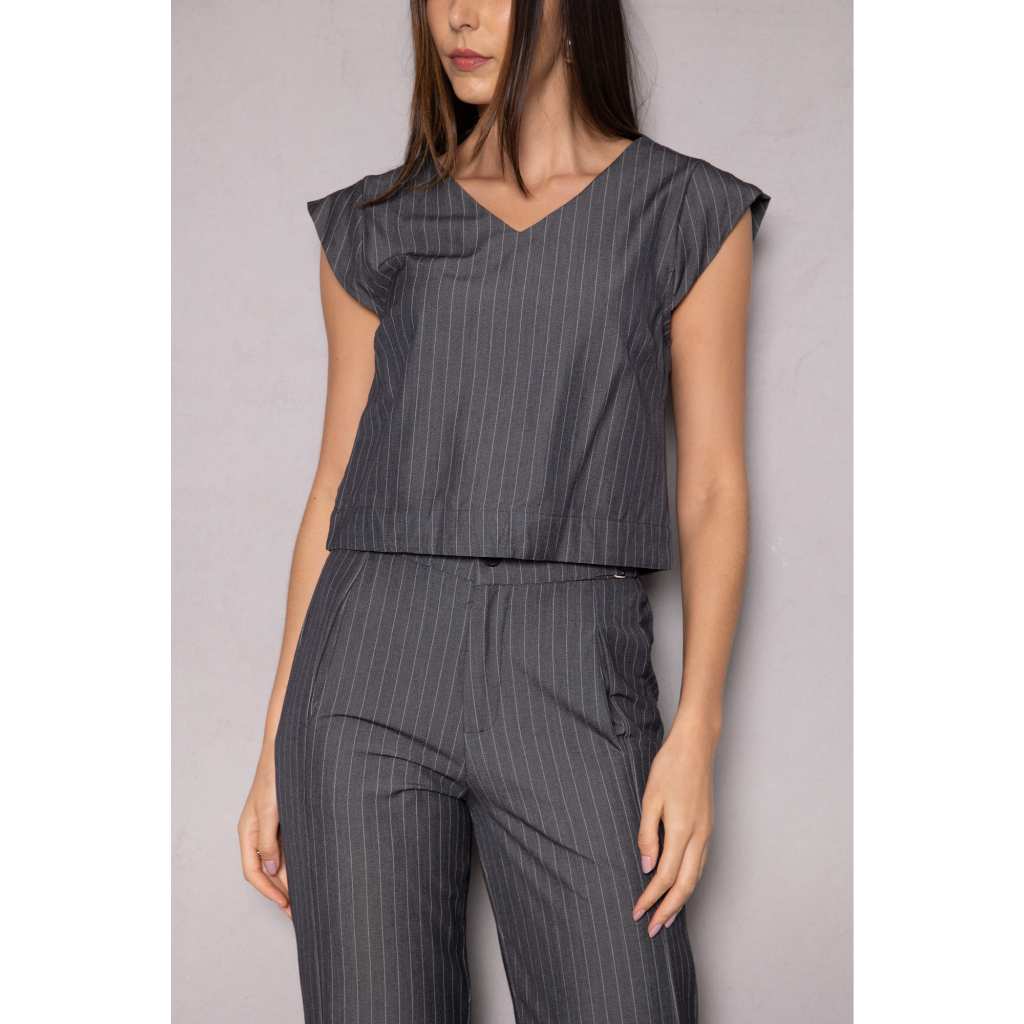 Conjunto Tania Listrado Blusa e Calça Slim e Plus Alfaiataria Feminino Social Para trabalho
