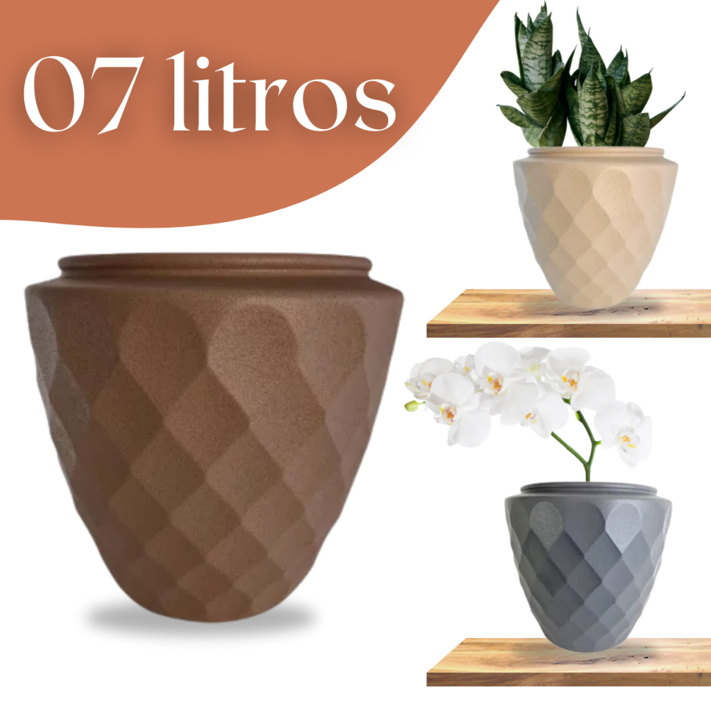 Vaso Plástico de Planta 7 Litros 22cm Detalhado Diamante - Cachepot Pote de Jardim Chão - Plástico Resistente Floreira