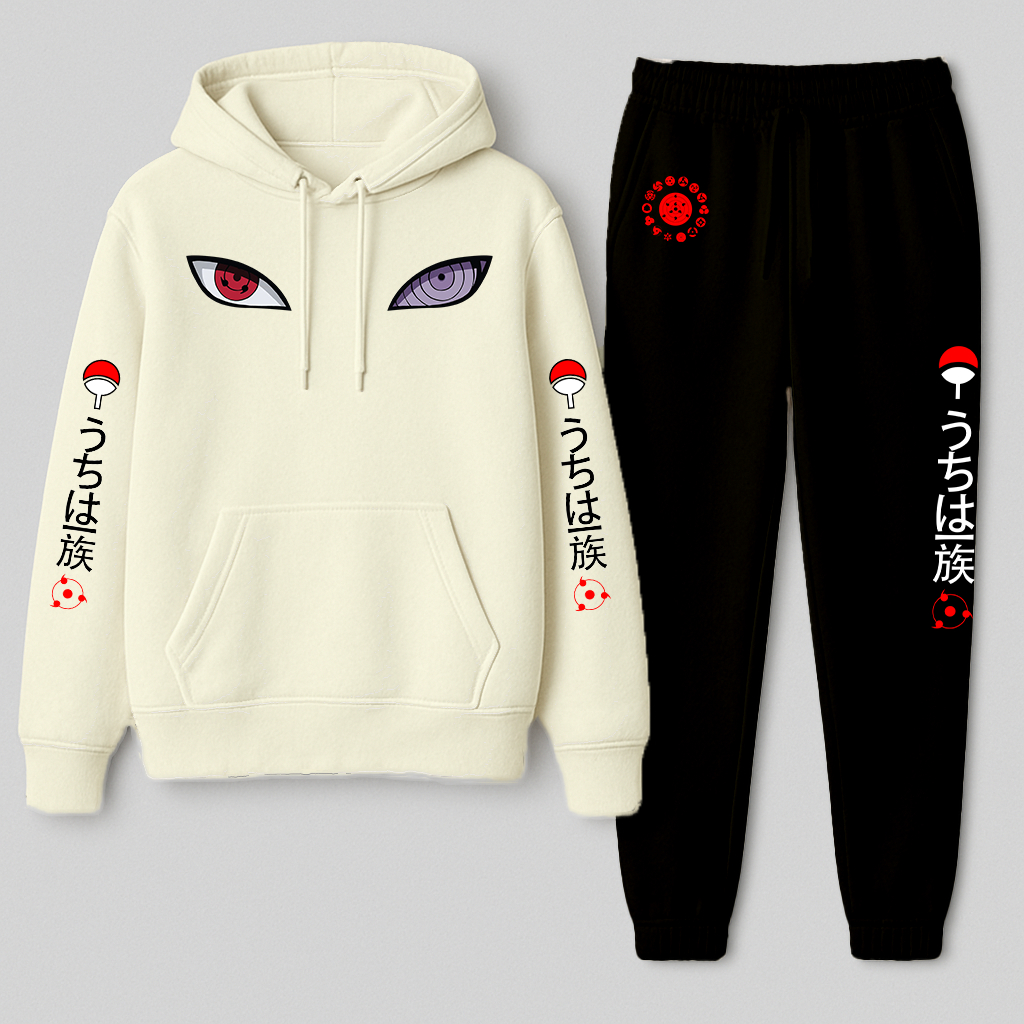Detalhes do Kit Conjunto Moletom Canguru e calça moletom Com Capuz sasuke uchiha sharingan Streetwear Personalizado