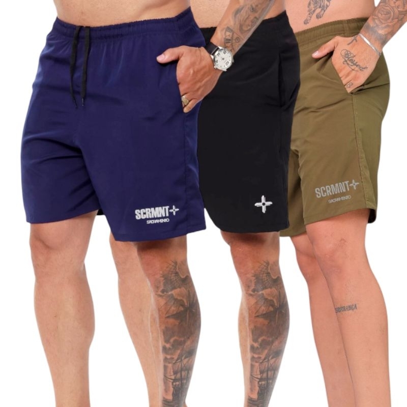 Kit 3 Bermudas Masculinas Elastic Tactel C/ Elastano - Treino, Academia, Corrida, Casual...