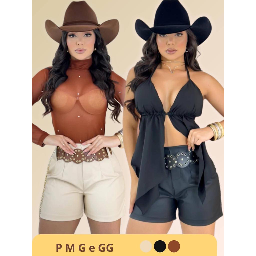 Short Feminino Cintura Alta Couro Fake com Cinto | Modelagem Boho Chic Western | Preto, Marrom e Bege