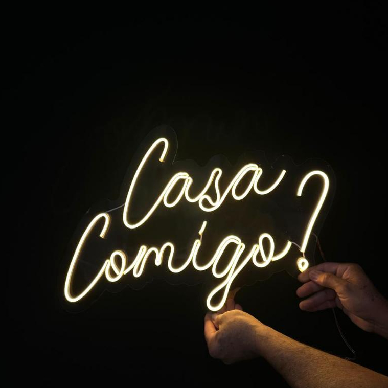 Placa Letreiro Led Neon Luminoso - Casa Comigo Pedido Casamento Amor Românce