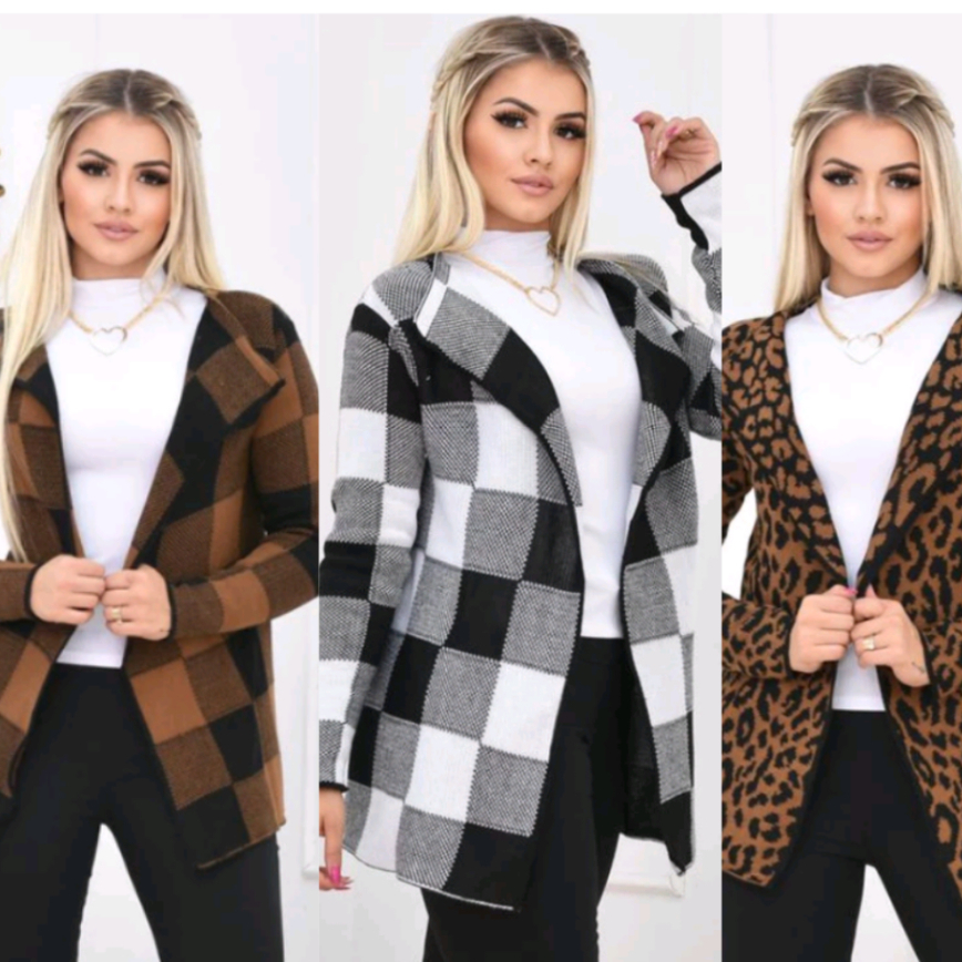 Casaco Cardigan de Onça Xadrez Blusa de Frio Feminina Kimono Tricô