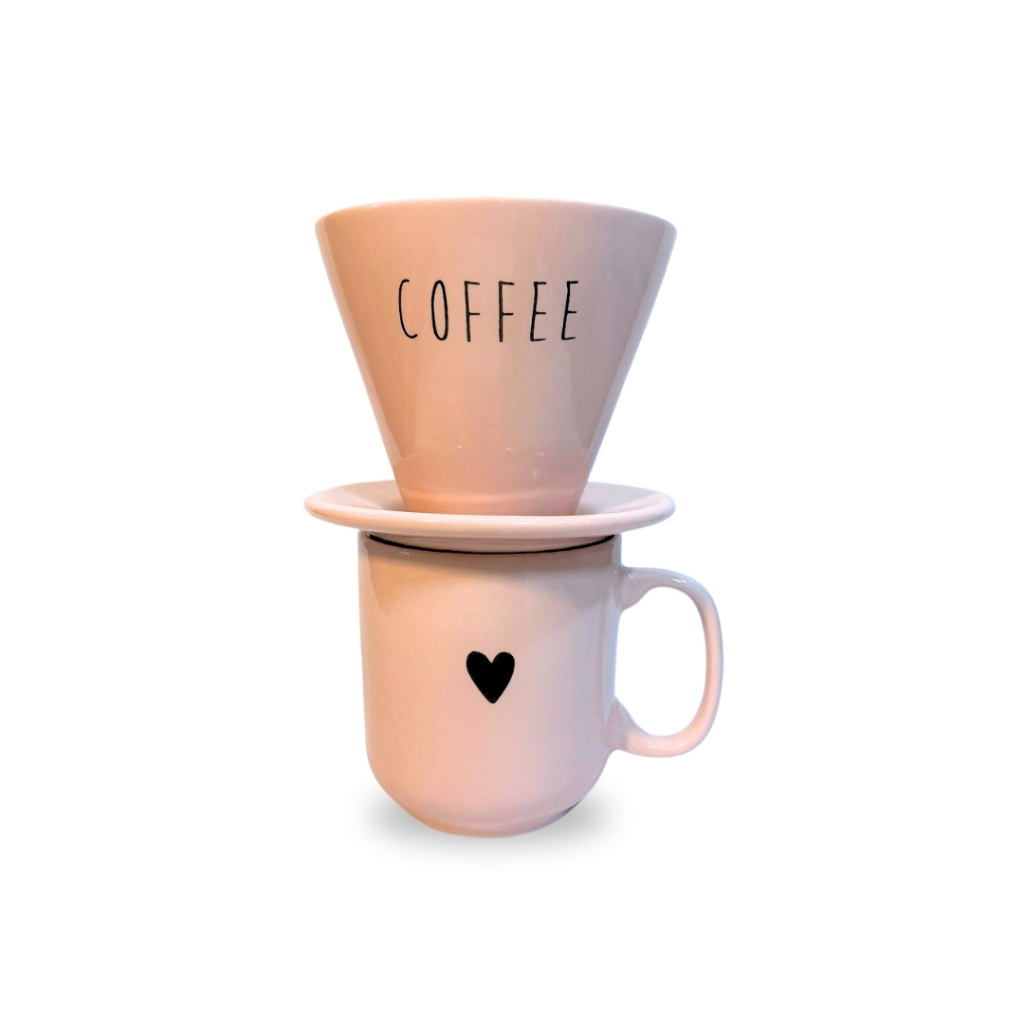 Kit Coador De Café Porcelana Rosa Com Caneca 300ML Mesa Posta Presente Criativo Só Art's®
