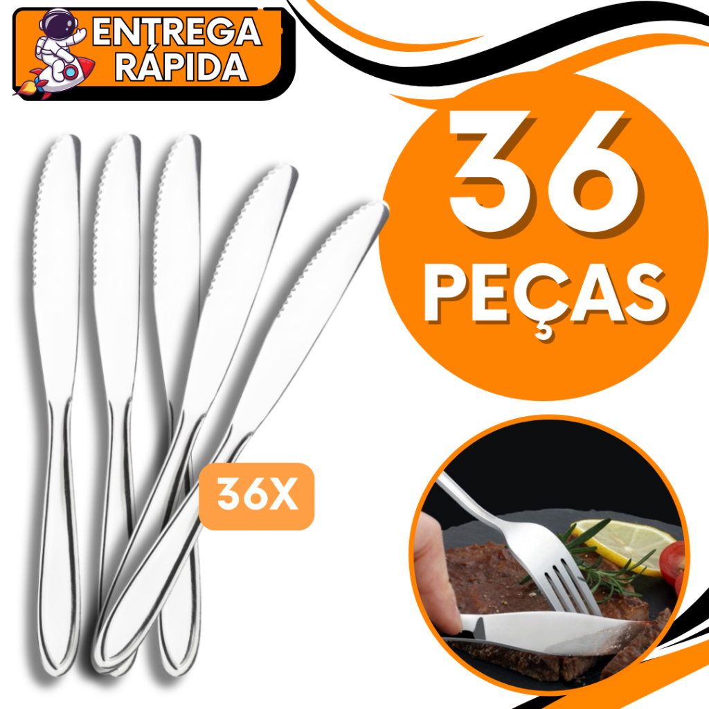 KIT 36 Faca Mesa Serrilhada Churrasco Carne Legumes Aço Inox Resistente Talher Grande Casa Cozinha Restaurante Pizzaria