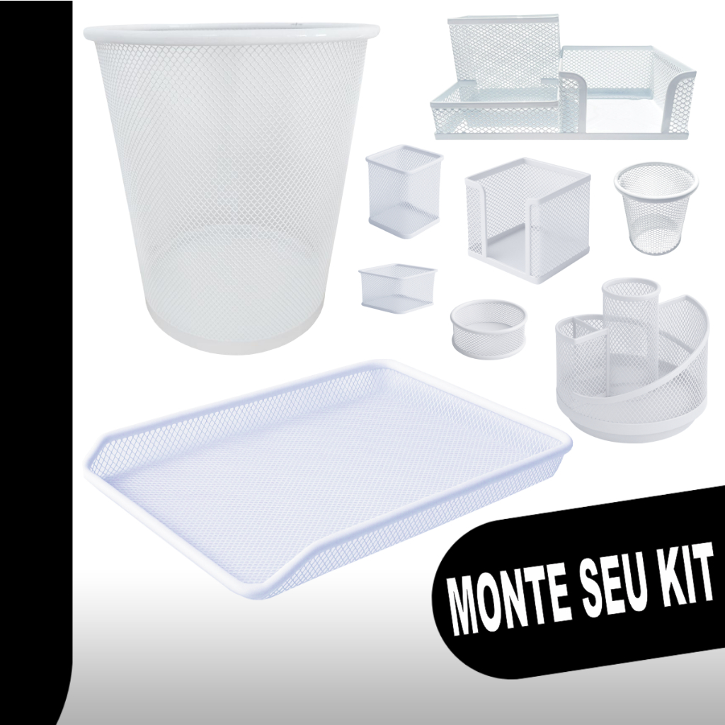 Organizador De Mesa Aramado Branco Escritório Giratório Bandeja Cesto Porta Caneta Lápis Clips