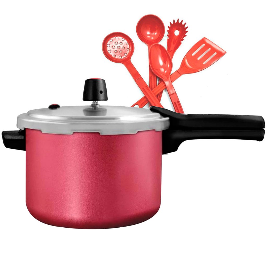 Panela Pressão 4,5L Antiaderente Cereja Panelux 2 e Conjunto de Utensílios 5 Peças - Home & Living