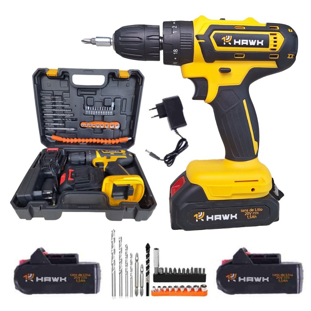 Parafusadeira a Bateria Furadeira com Maleta de Acessórios 12V e 20V Hawk Bateria Extra em Oferta na Shopee