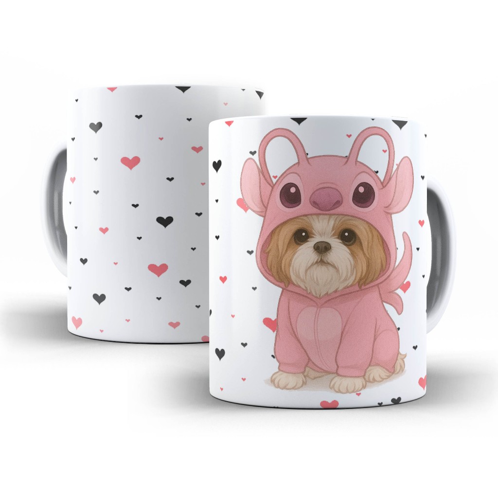 Caneca Shihtzu Angel Stitch Fantasia Porcelana Personalizada 325ml Exclusiva Seu pet COM NOME PERSONALIZADO - 25757