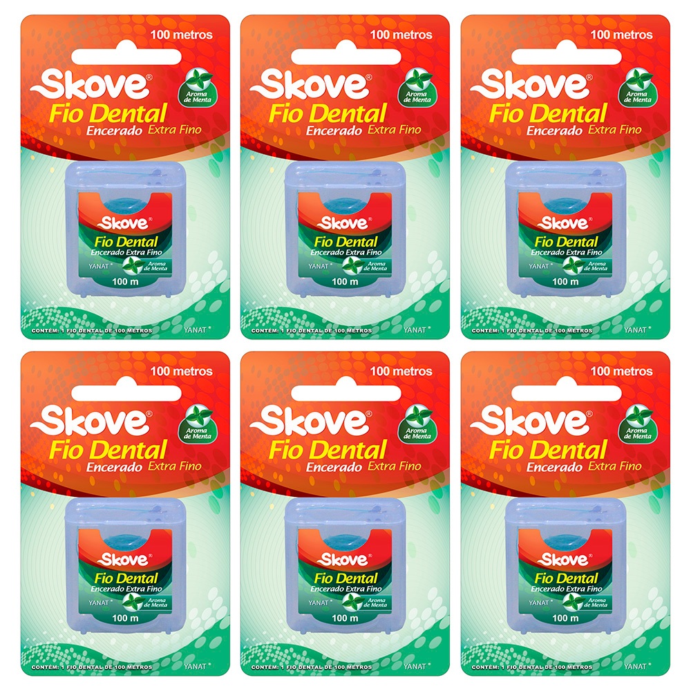 Kit Com 6 Fio Dental Skove Encerado Extra Fino Menta 100m