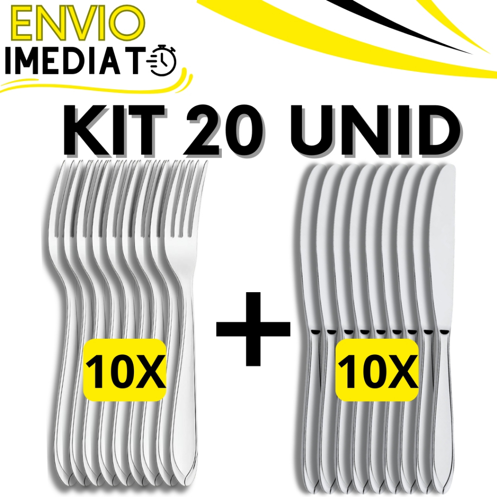 Jogo de Talher KIT 20 Peças 10 Garfo 10 Faca Inox Polido Super Resistente para Casa Cozinha Restaurante Buffet Refeição