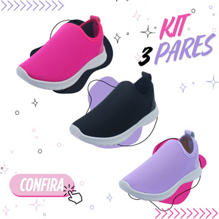 Kit 3 Pares Tênis Infantil Feminino Macio Antiderrapante Leve Escolar Estiloso Confortável Anatômico Esportivo