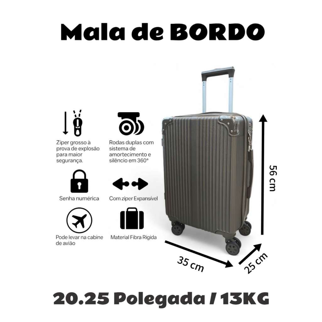 Mala de Viagem em Material ABS , Mala de BORDO 13KG, Bagagem de Mão com Cadeado e Rodas 360º