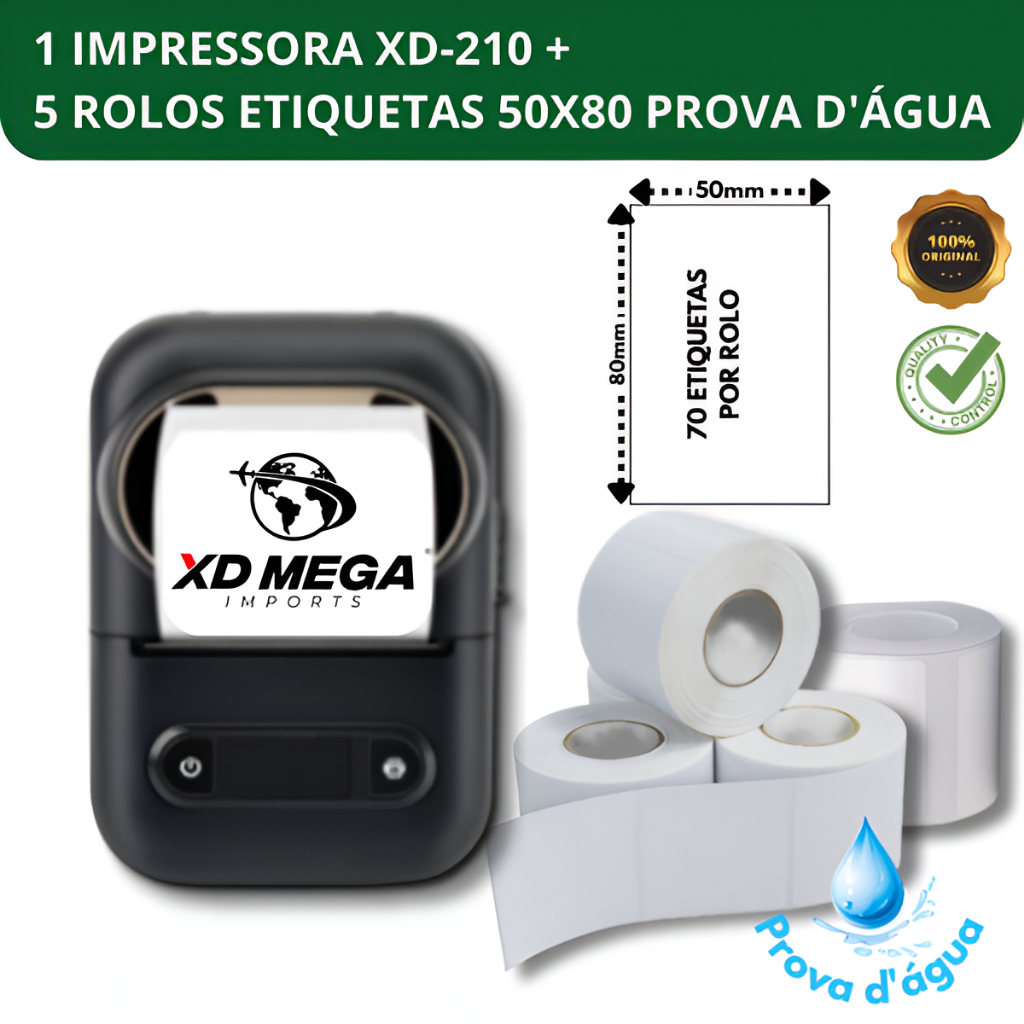1 mini Impressora Xd-210 + 5 Rolos Etiquetas 50x80 Prova D'água em Oferta na Shopee