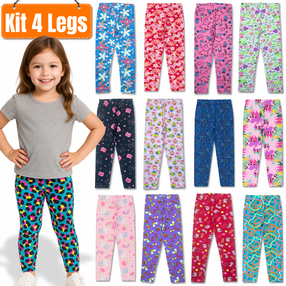 Kit 4 Calça Legging Infantil Menina Algodão, Leg Cotton Estampada Feminina, Tamanho 1 ao 12, Sortida