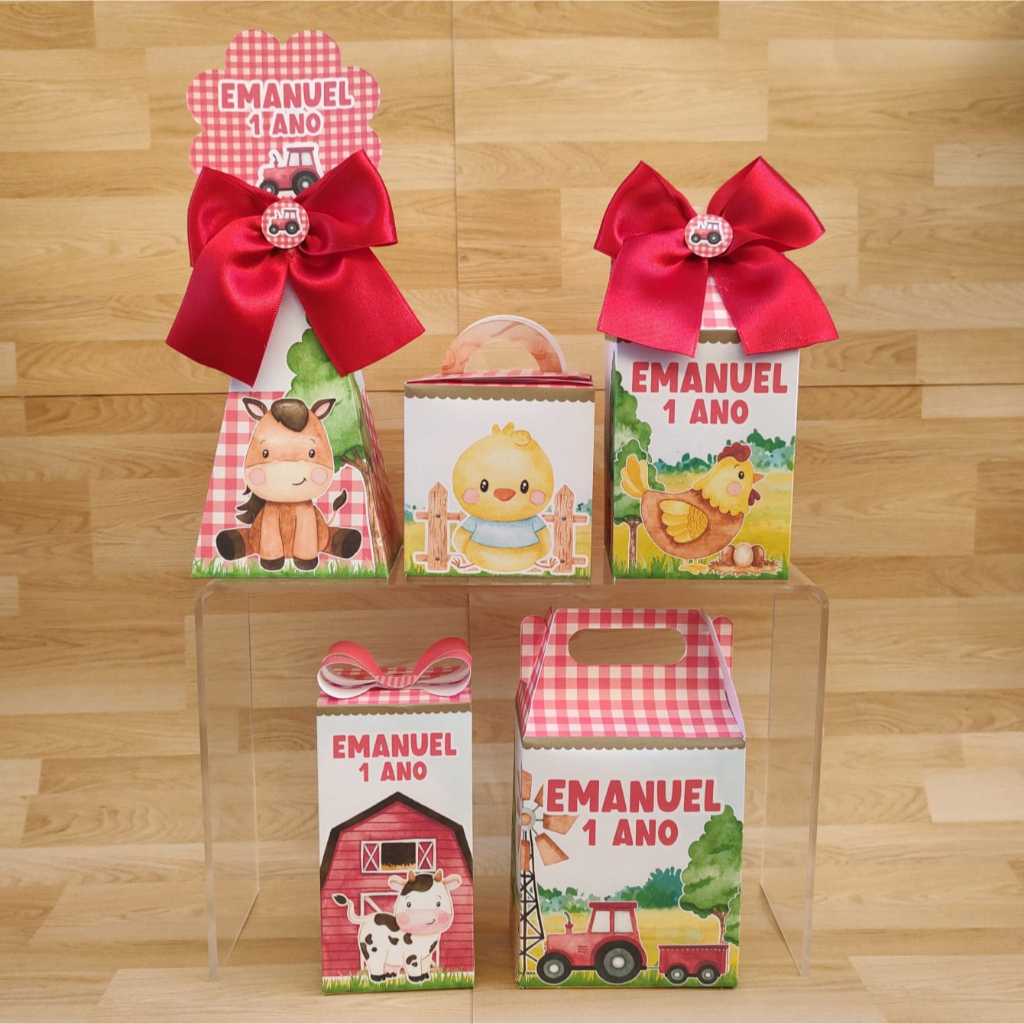 PEGUE E MONTE Kit Caixinhas Personalizadas para Festa Fazendinha Vermelha Caixas para Lembrancinhas de Aniversário