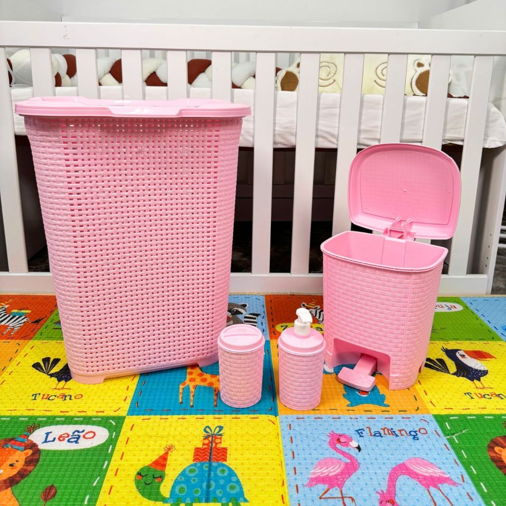 Conjunto  Banheiro Infantil Baby Conjunto Com Lixeira 6L Cesto de Roupa 30L e Kit porta algodão e sabonete Liquído