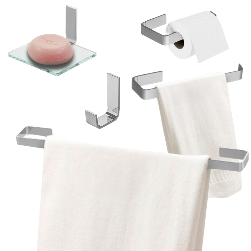 Kit de Acessórios para Banheiro Cromado Luxo Quadrado 5 Peças Cromo Premium Saboneteira Reforçado
