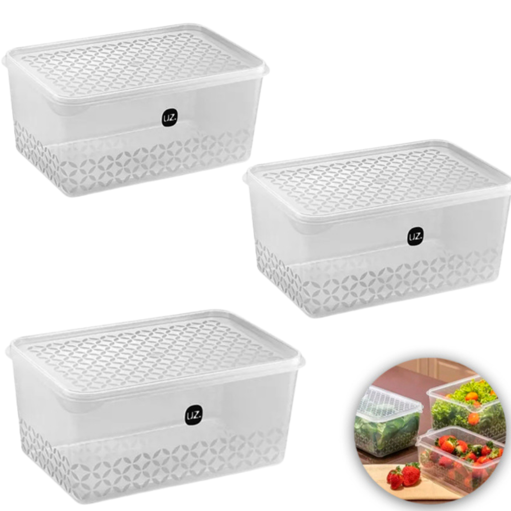 Organizador De Geladeira Hermético De Plástico Retangular Com Tampa 1L / 2L / 3L