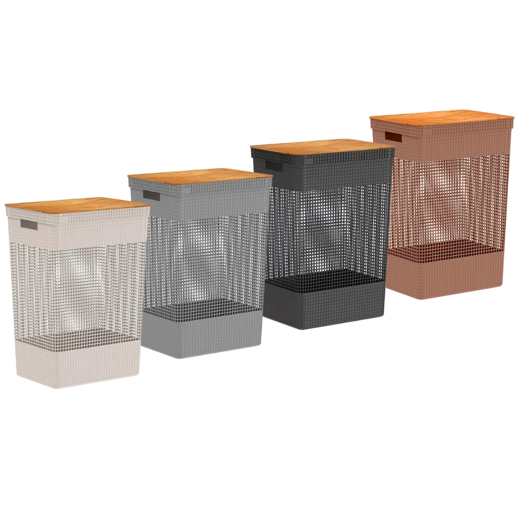 Cesto de Roupa Suja Grande Tampa Bambu Grid 49L CG455 - Ou - Home & Living