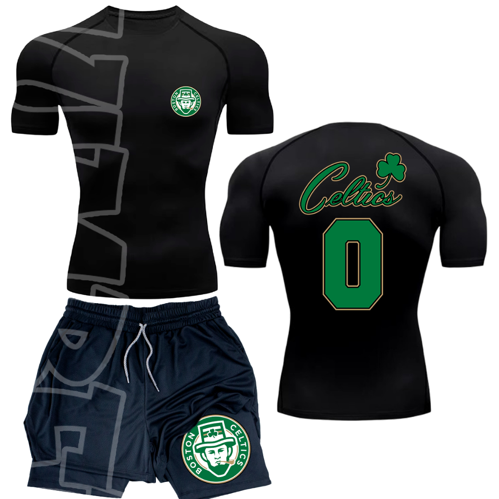 Kit Camiseta Apertada Academia e Short Compressao 2  em 1 nb boston celtics Alta Performance Masculina