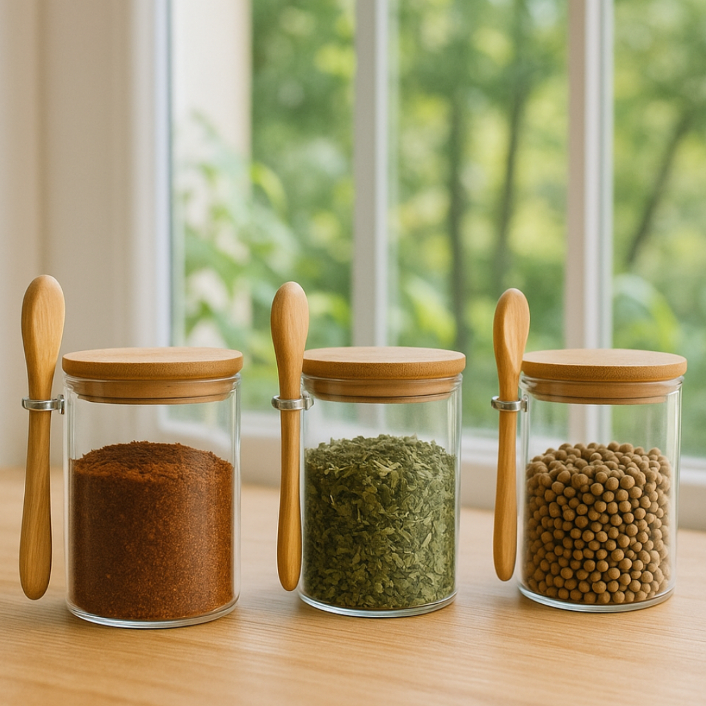 03 Potes De Vidro Redondo Tampa Bambu Hermético Com Colher em Oferta na Shopee