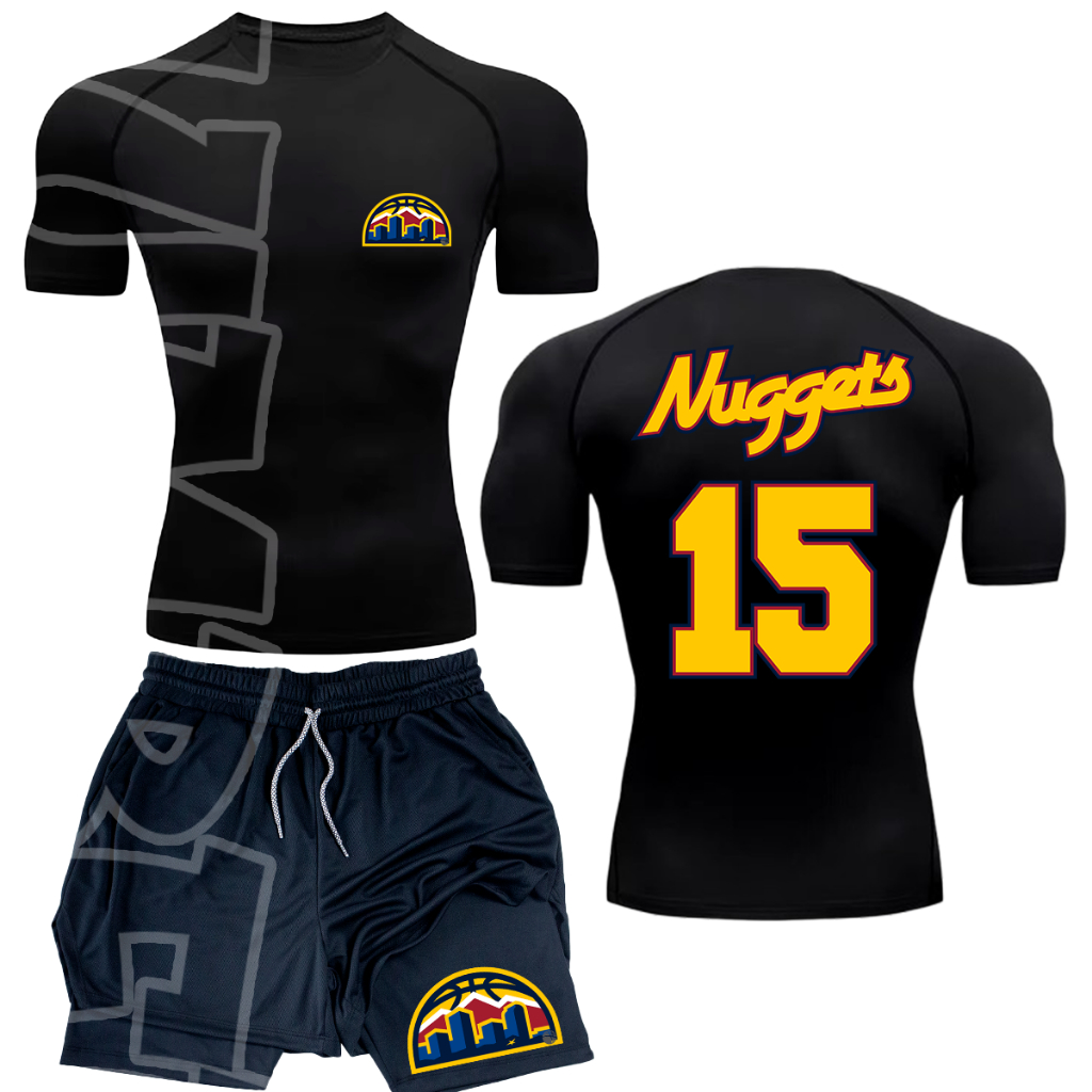 Kit Camiseta Apertada Academia e Short Compressao 2  em 1 nb denver nuggets Alta Performance Masculina