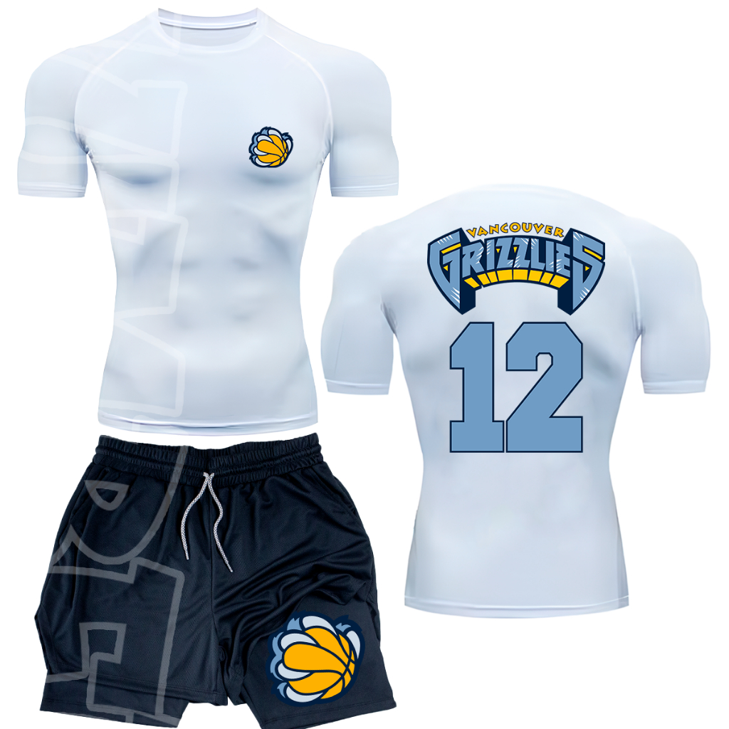 Kit Camiseta Apertada Academia e Short Compressao 2  em 1 nb memphis grizzlies Alta Performance Masculina