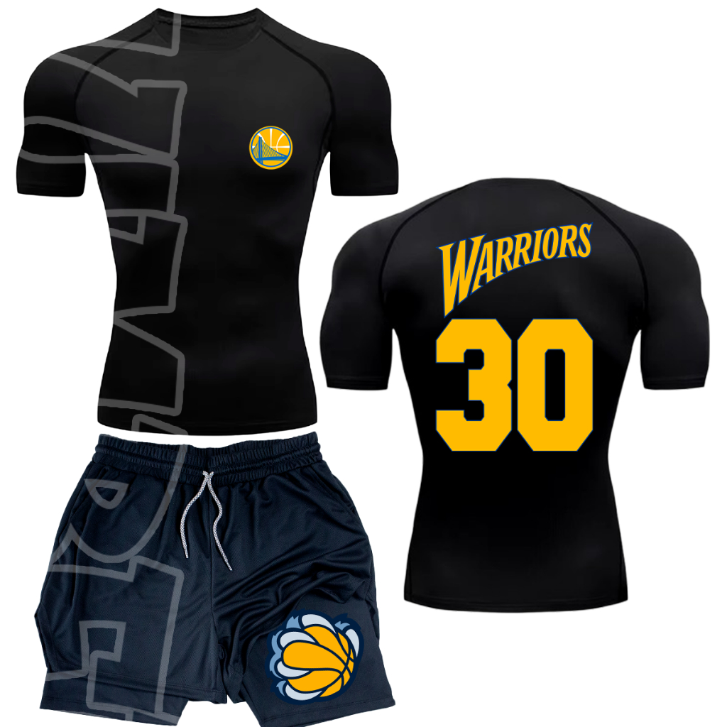 Kit Camiseta Apertada Academia e Short Compressao 2  em 1 nb golden states  Alta Performance Masculina