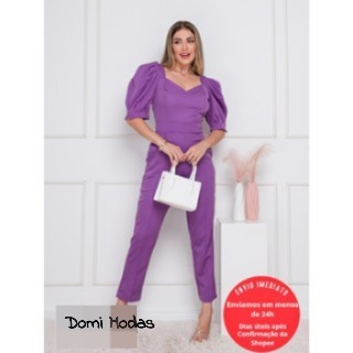 Domi Modas Macacão de Alfaiataria manga bufante 1301 em Oferta na Shopee