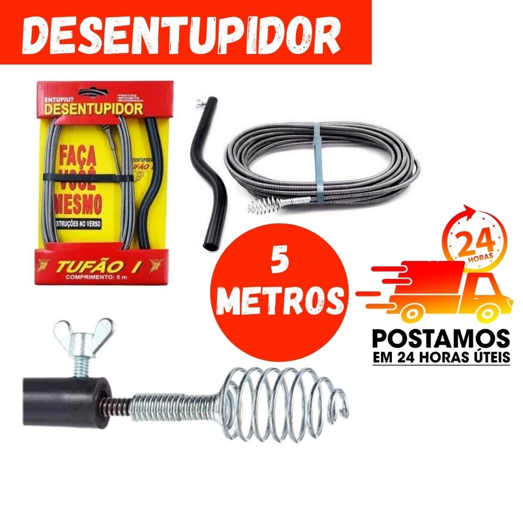 Desentupidor Manual 5m Mola Aço Ralo Pia Banheiro Cozinha Quintal Cano Calha esgoto vaso sanitário ralo caixa inspeção