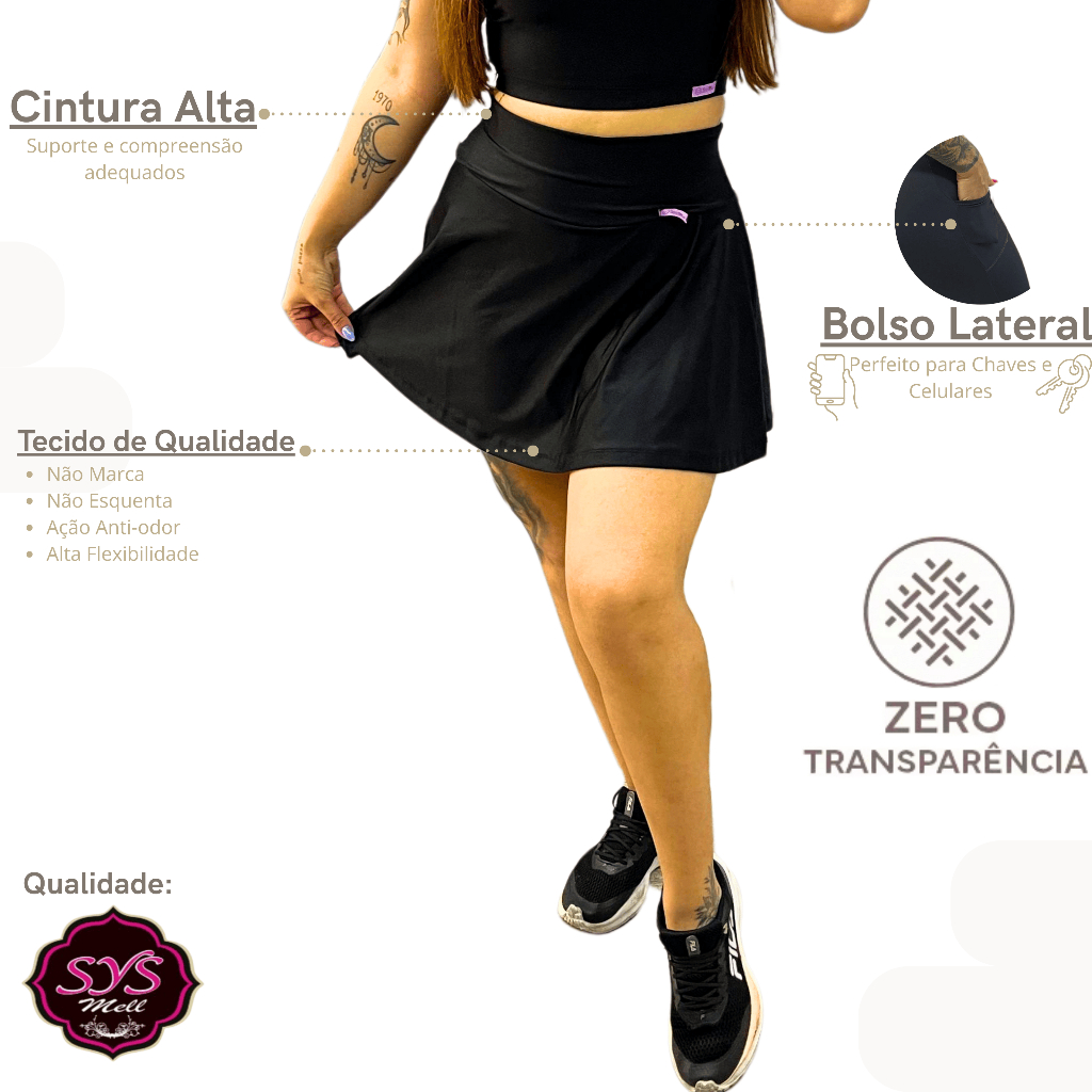 Short Saia com Bolso - Legging Top Treino Corrida,  Fitness Academia, poliamida, zero transparencia, CrossFit Esportes