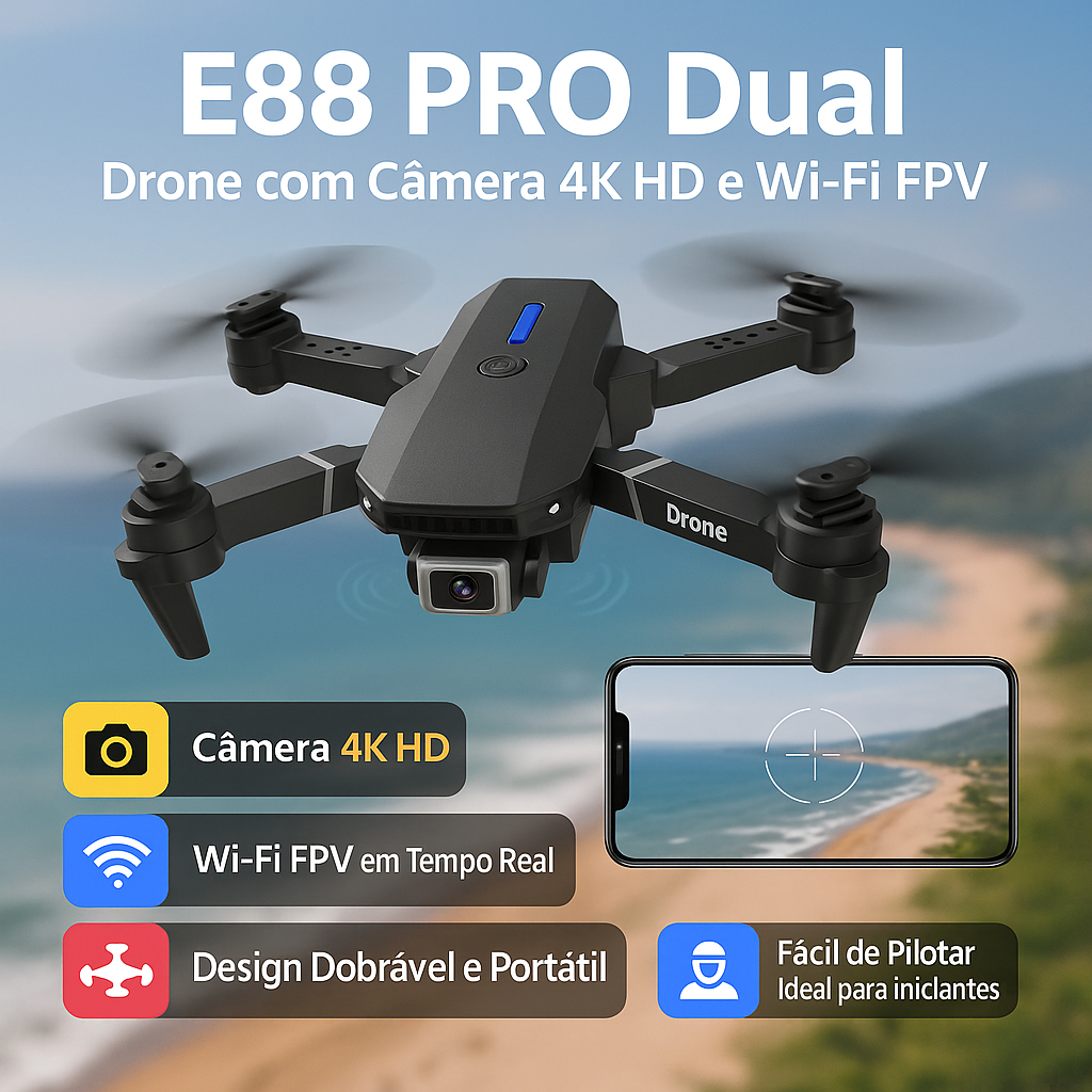 Drone Com Câmera Dupla E88 Pro 4K Maleta de Viagem Suporte para Celular Hélice Reserva e Wi-Fi