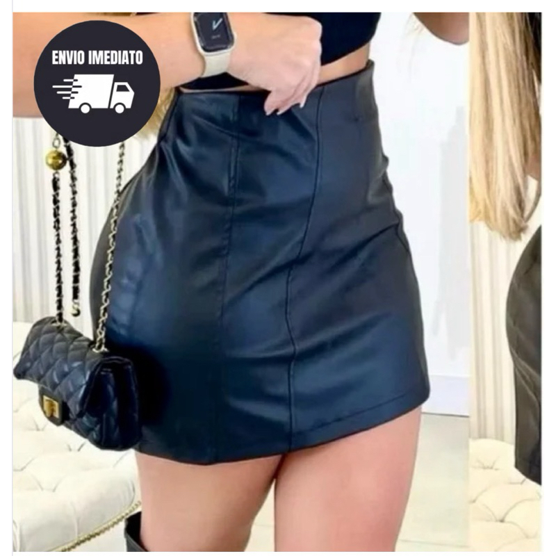 Saia Cintura Alta Courino Moda Verão