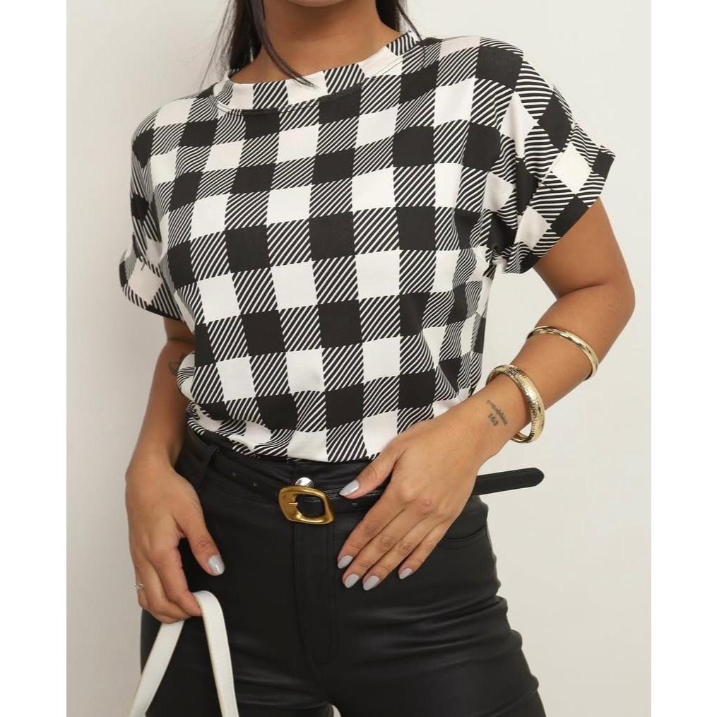 Blusa Xadrez Feminina T Shirt Manga Dobrada Festa Junina