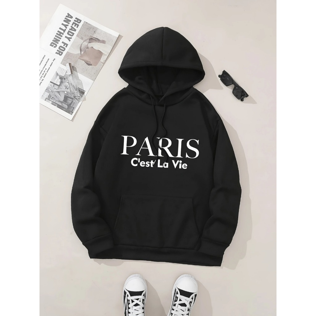 Moletom com capuz estampado gráfico ``Paris C´est La Vie´´ e cordão, blusa de moletom casual Unisex no inverno e outono