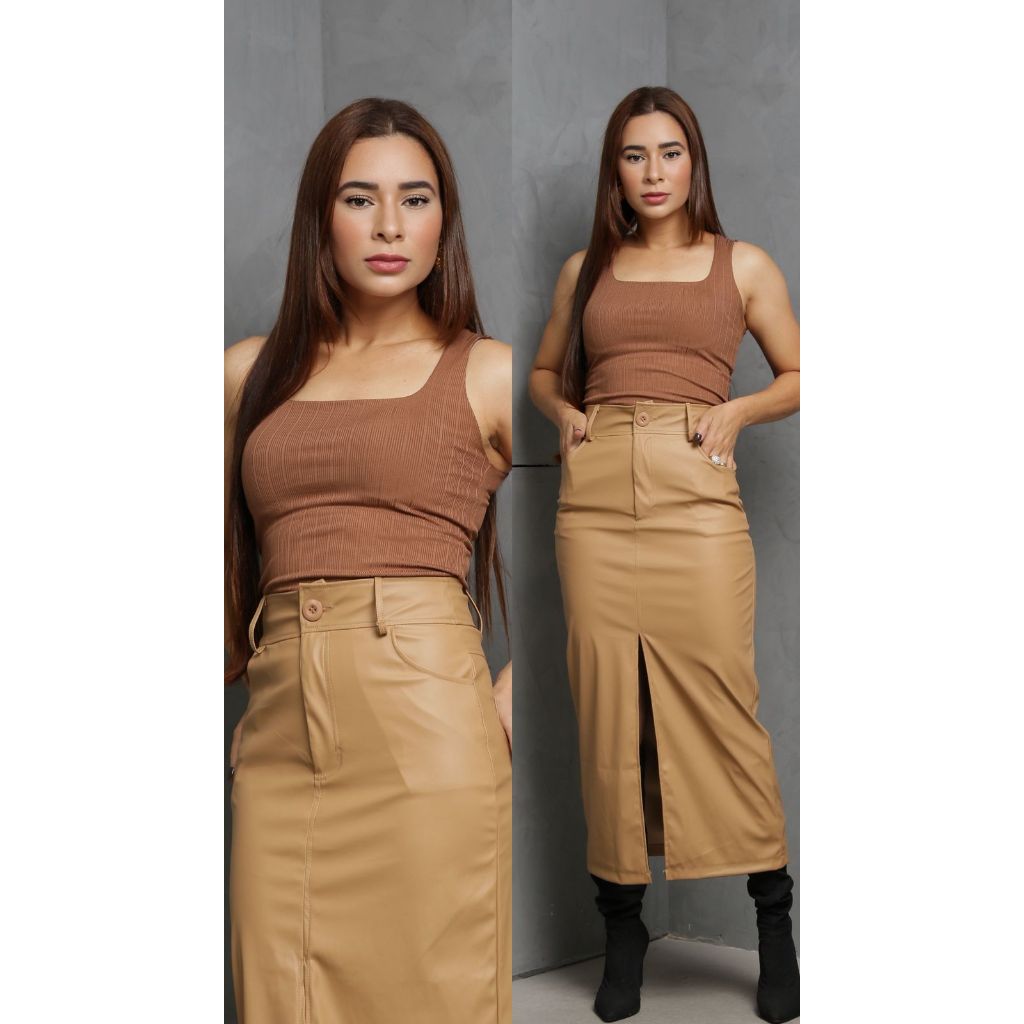 SAIA LONGA COM FENDA TECIDO EM COURO FAKE SÚPER ELEGANTE em Oferta na Shopee