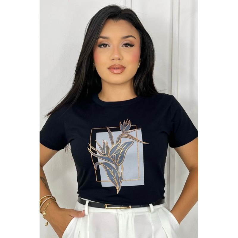 " Blusa Feminina Preta com Estampa Geométrica Dourada - Algodão Confortável e Elegante