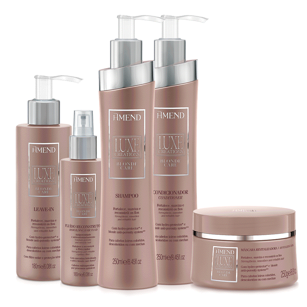 Kit completo Amend Luxe Creations Blonde Care contendo 5 produtos para cabelos loiros, incluindo shampoo, condicionador, leave-in, fluido reconstrutor e máscara revitalizadora em embalagens na cor bege metálico.