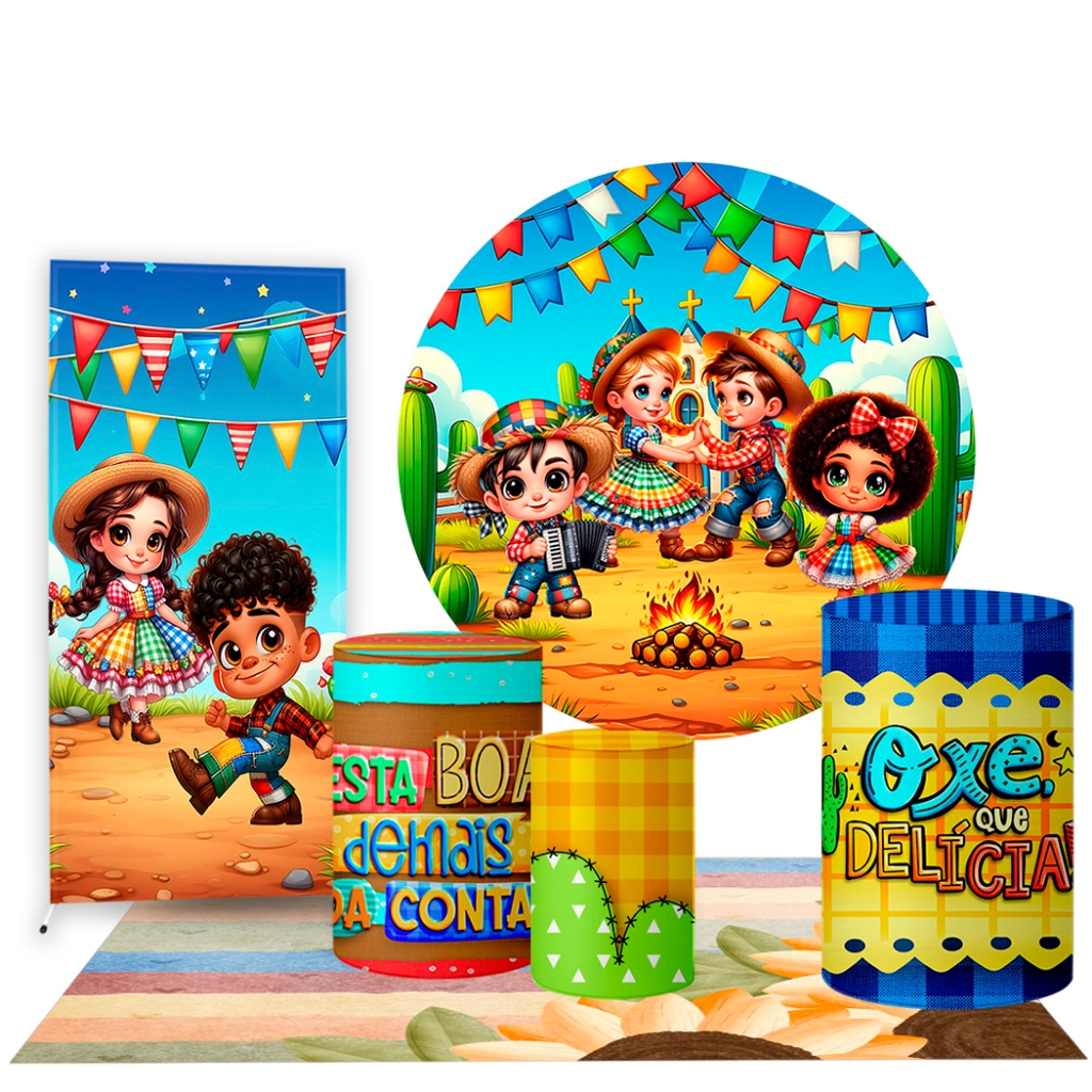 Trio Capas Cilindro + Painel Redondo 1,50m + Lateral Romano e Tapete Festa Junina