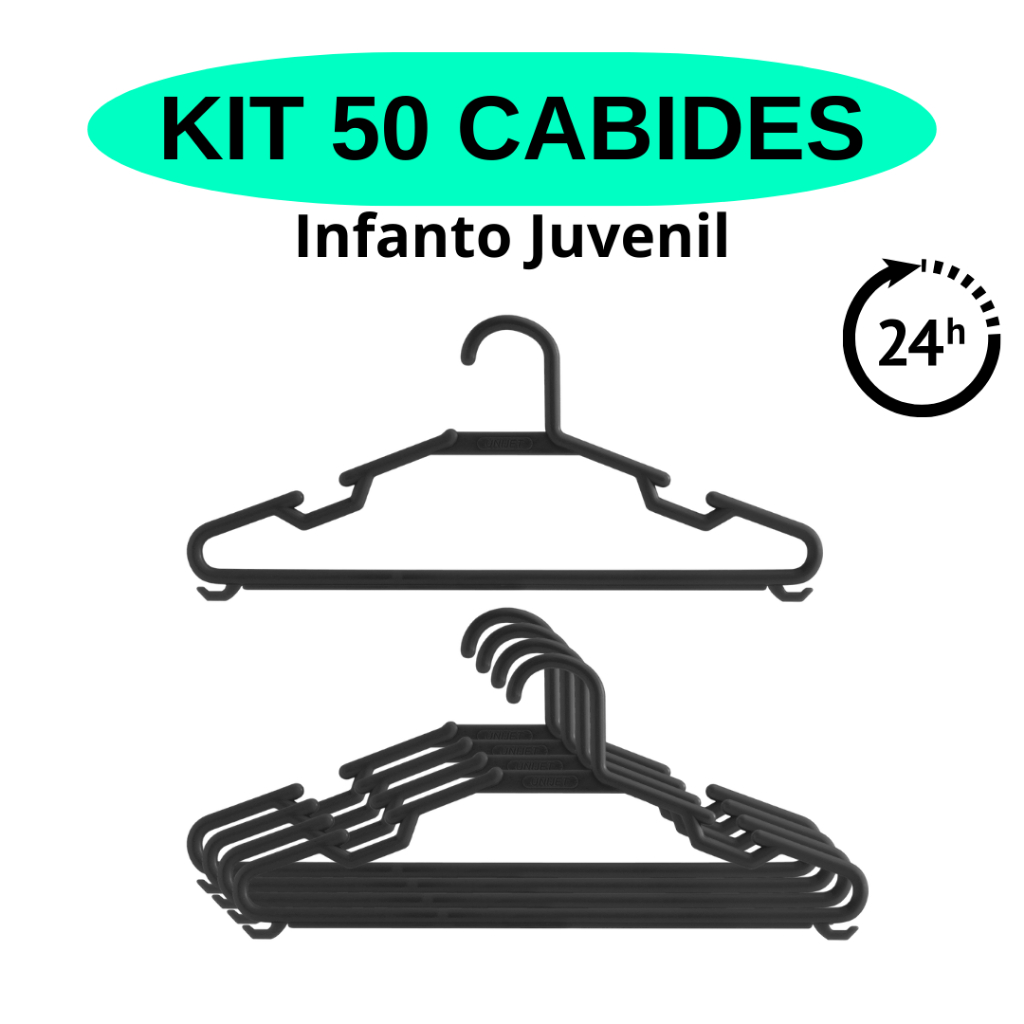 Kit 30 ou 50 Cabides Infantil Juvenil Reforçado 32cm Cor Preto em Oferta na Shopee
