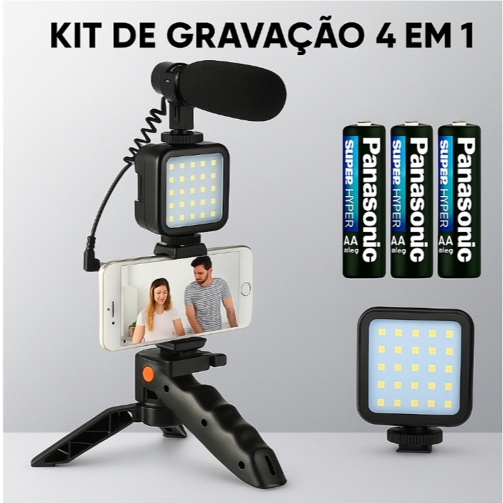 Kit de Gravação 4 em 1 com Tripé Microfone Led e Cabo de Conexão - Para Vlog Gravações Live